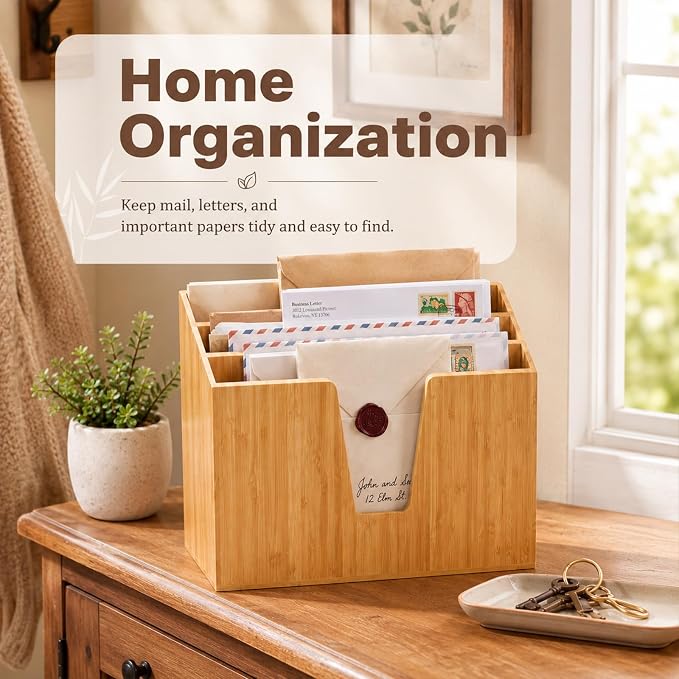Suzile Bamboo Wall Mounted File Folder Holder Organizer, 3-tier Vertical File Organizer Wooden Sorter Rack for Office, Home, Desktop, Desk Letter Mail Document Storage, 13" x 4.5" x 11.5" - Image 6