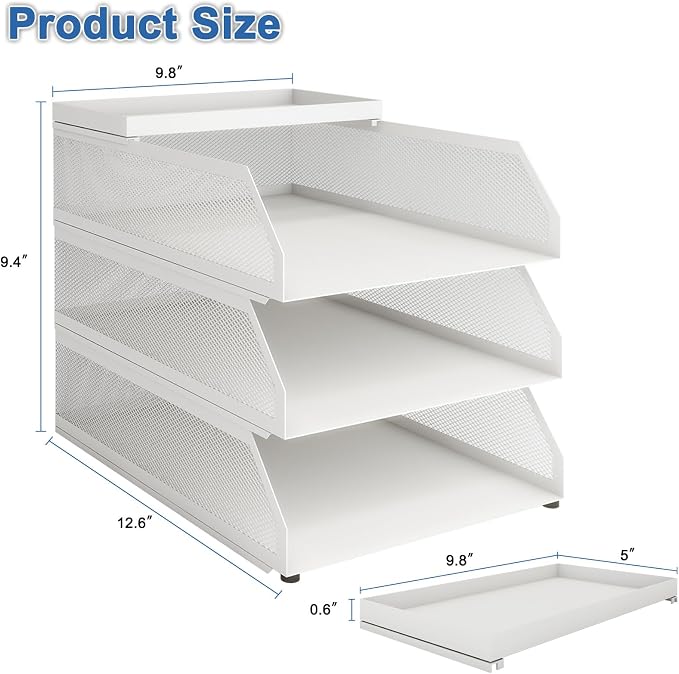 Natwind 3-Tier Stackable Metal Mesh Desk Paper Tray Organizer, White | Desktop Accessories for Office Supplies, Letter Tray For Paper Storage ,File Document Holder For Home School Classroom - Image 2