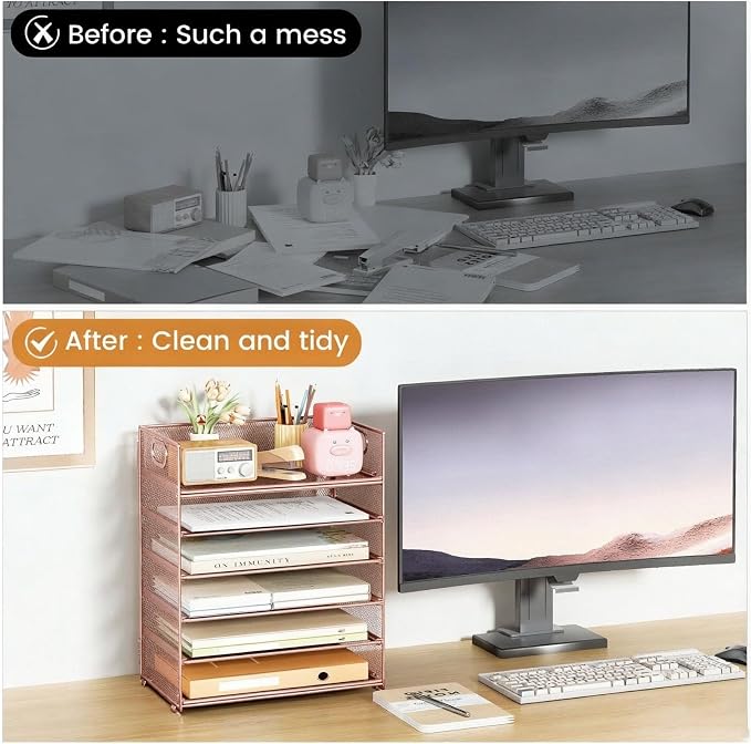 6 Trays Paper Organizer with Handle - Mesh Desk File/Letter Paper Sorter Organizer for Office, Home or School (Rose Gold) - Image 5