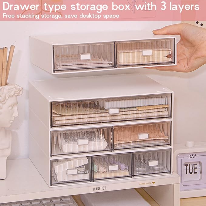Stackable Desk Organizer with 6 Drawers, 3 Tier Plastic Desk Storage Box Desktop Drawers, Detachable Makeup Storage Office Stationery Supplies Organizer for Desk Office School Home - Image 5