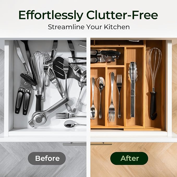 keechee Carbonized Bamboo Kitchen Drawer Organizer, 10 Slots Expandable Silverware Organizer, Utensil Holder & Cutlery Tray, 2.2" Deep for Extra Capacity, Non-Slip Feet Included - Image 8