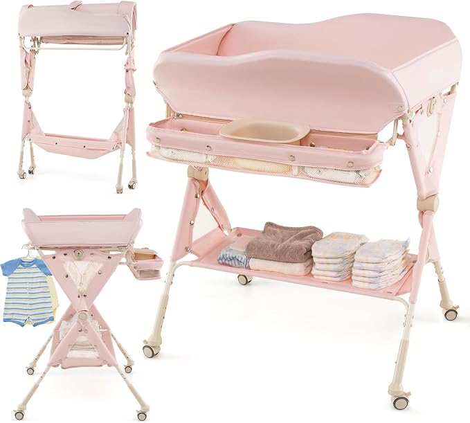 INFANS Baby Changing Table with Wheels, Portable Folding Diaper Station Nursery Organizer with Storage Basket, Hanging Rack, Adjustable Height, Safety Belt for Newborn Infant (Light Pink) - Image 9