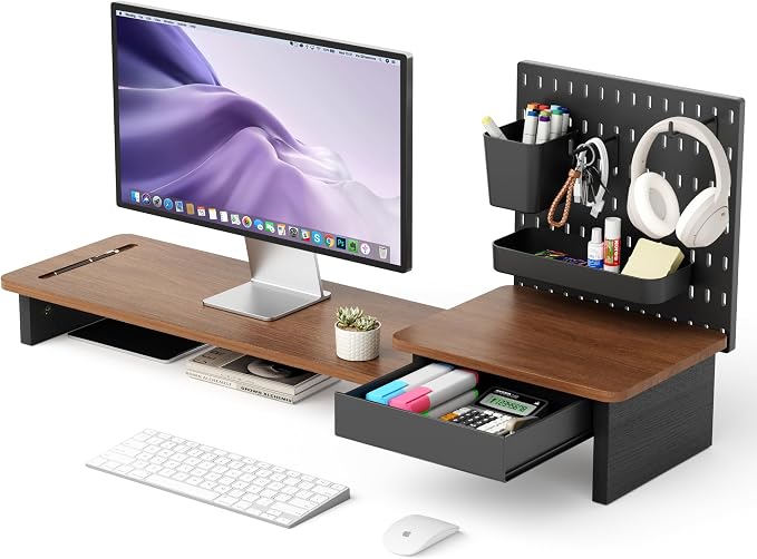 AFOOYO Monitor Stand Riser,Computer Monitor Stand with DIY Pegboard and drawer for Laptop,PC,Computer,Printer,Walnut Finish by AFOOYO