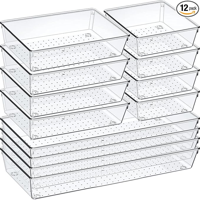 12 Pack Clear Plastic Drawer Organizer Set, Acrylic Non Slip Non Cracking Kitchen Drawer Storage Tray Large Size Divider, Multifunctional Storage for Cosmetics, Bathroom, Tools, Kitchen and Office by Criusia