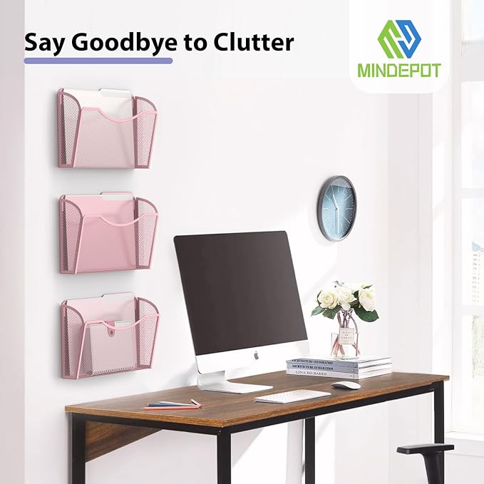 MINDEPOT Wall File Organizer, Hanging Wall File Holder, 3 Pack, Pink | Heavy Duty Iron, Metal Mesh Wall Mount, Single Pocket, Mail Organizer, for Office School Classroom Home, Letter A4 Size - Image 6