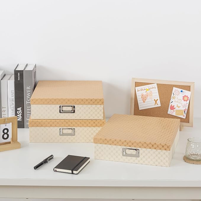 Soul & Lane - Geometric Check Scrapbook Storage Boxes with Lids, Set of 3 | Large Decorative Cardboard Letter Box Set for Documents, Photos and Keepsakes, Nesting Memory Organizers for Organizing - Image 3