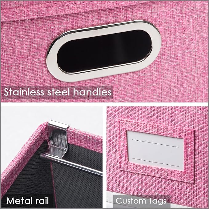 File Organizer Box - Set of 4 Collapsible Decorative Linen Filing Storage Hanging File Folders with Lids Office Cabinet Letter Size Pink (14x9.3x10.8 inch) - Image 6