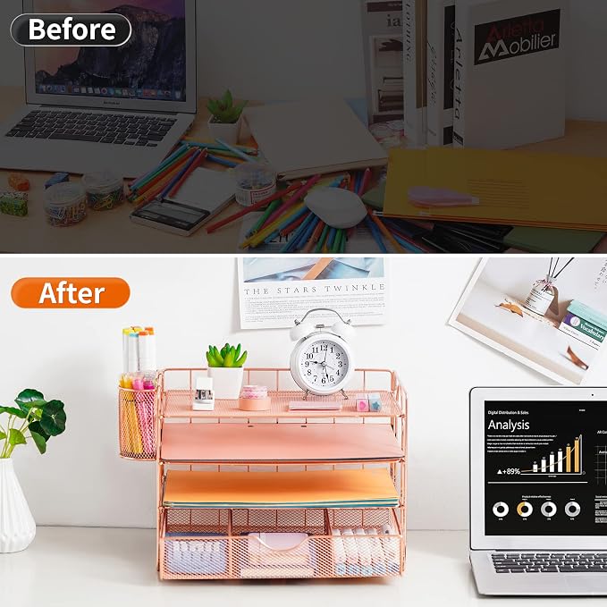 Lavatino 4-Tier Desk Paper Letter Tray Organizer for Desk Accessories & Workspace Organizers with Drawer and 2 Pen Holder for Home, School, Office Supplies Storage (Rose Gold) - Image 7
