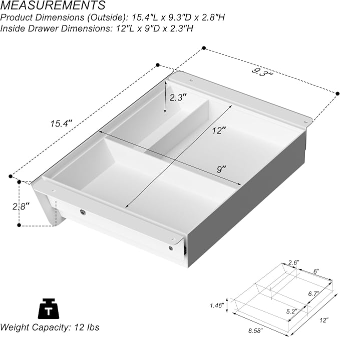White Under Desk Drawer with Removable Tray, 15.4" Wide 2-in-1 Organizer – 60° Ergonomic Tilt, 4-Compartment Insert for Pens, Phones & Cables, Ball Bearing Slides, for Home Office & Student Desk - Image 2