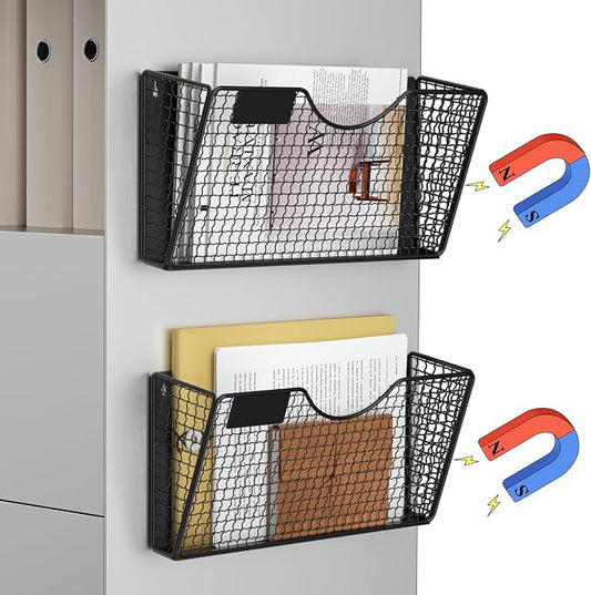 MFTEK Magnetic File Holder, 2 Pockets Magnetic File Folder Holder No Drilling Magnet Paper Mail Organizer Magazine Basket, Hanging Wall Storage Rack for Fridge Cabinets Office Classroom by MFTEK