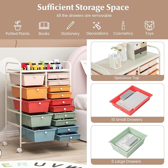 DORTALA 15-Drawer Rolling Storage Cart with Drawers, Rolling Utility Cart w/Removable Drawers & Universal Wheels, Tools Scrapbook Paper Organizer for School, Office, Home, Classroom (Macaroon Color) - Image 5