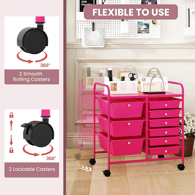COSTWAY Rolling Storage Cart with 9 Drawer, Utility Cart with Metal Frame | Mobile Art Supply Craft Organizer, Multipurpose Storage Organizer for Paper, Office, School Teacher, Classroom, Hot Pink - Image 5