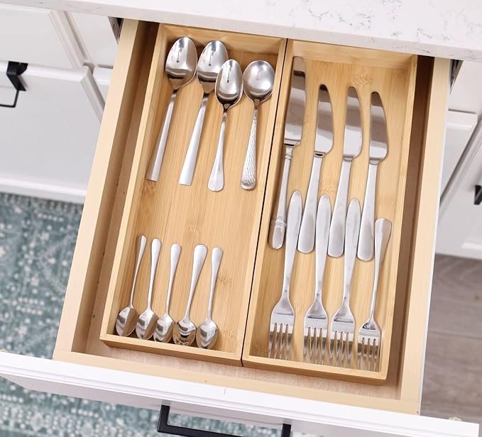 Fabsome Kitchen Utensil Drawer Organizer, Bamboo Silverware Cutlery Flatware Organizer Bins, Wooden Container Storage Trays for Bathroom Vanity Junk Drawer, 15" x 6" Set of 2 - Image 5