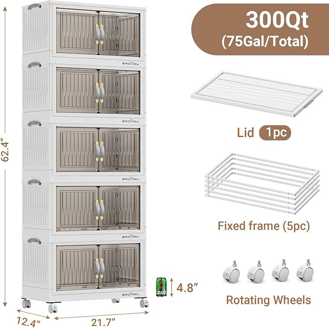 BROVIEW 300Qt Stackable Storage Bins with Lid, Extra Large Closet Organizer Collapsible Drawer Boxes with Wheels, Folding Plastic Cabinet Containers for Home Kitchen Room Organization, 5Pack White - Image 2