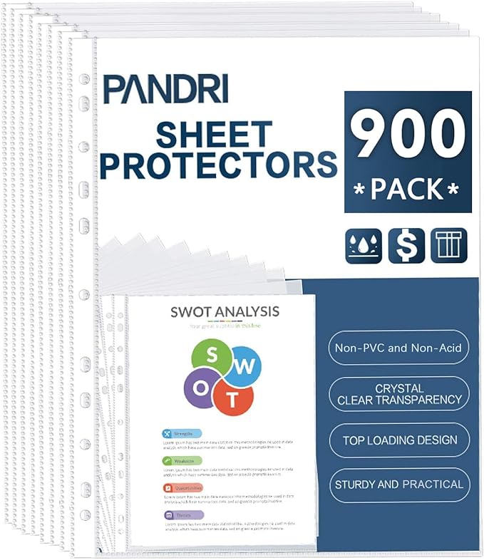 Sheet Protectors, PANDRI 900 Pack Clear Heavy Duty Plastic Page Protectors Sheet Reinforced 11-Hole Fit for 3 Ring Binder Fits Standard 8.5 x 11 Paper, 9.25 x 11.25 Top Loaded, Excluding Acid by PANDRI