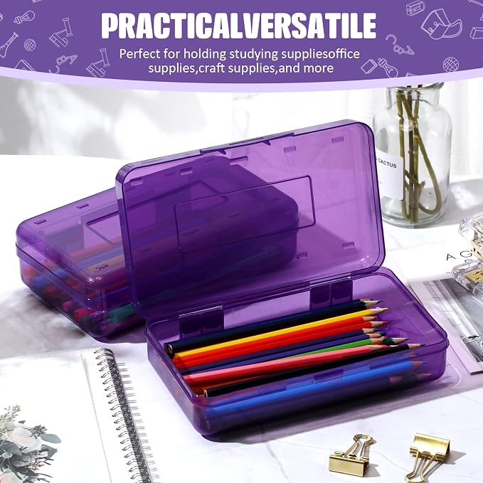 Fainne 24 Pack Pencil Boxes for School Clear Plastic Pencil Case Large Plastic Crayon Box Bulk Stackable Classroom Stationery Organizer School Supplies(Purple) - Image 3