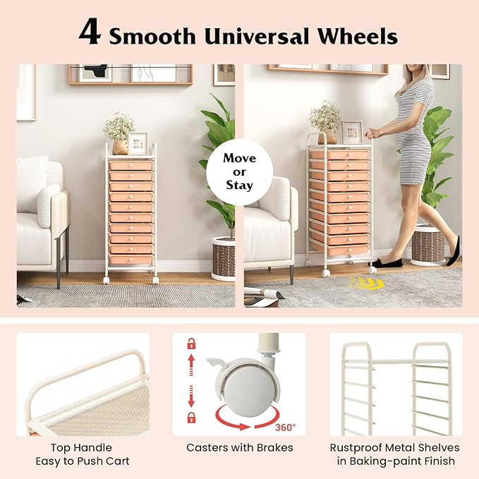 Storage Cart, Rolling Utility Cart with 10 Drawers, Portable Handles & Lockable Wheels, Mobile Paper Toys Storage Organizer Large Capacity for Home Office School Teacher (Peach) - Image 5
