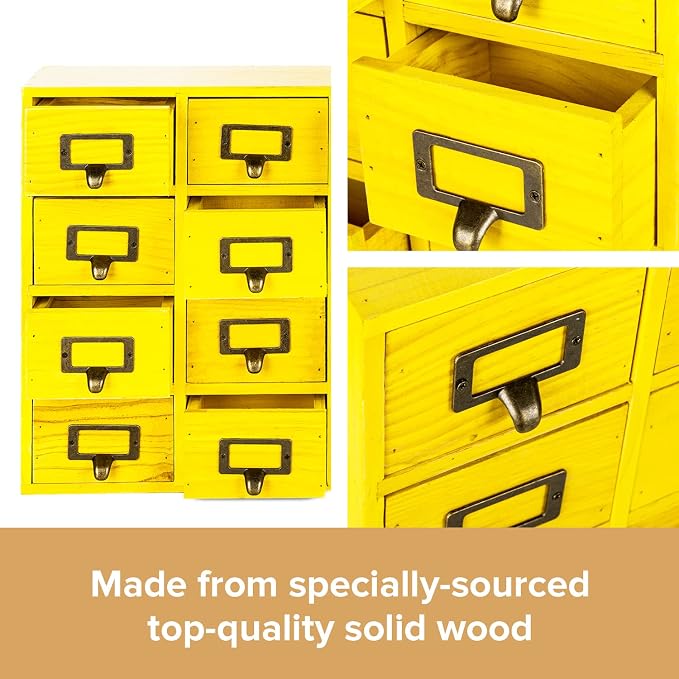 Yellow 16-Slot Wooden Drawer Unit - Country Style Desk Organizer - 20"x3.6”x14” Wooden Storage Box w/ 16 Drawers - Countertop Drawers w/Label Holder & Handle - Slim 4-Level Desk Organizer - Image 6