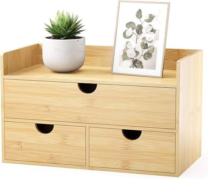 Bamboo Desk Organizer with Drawers, Desktop Storage Box for Office Supplies | 3 Drawers Desktop organizer, No Assembly Required, Natural Wood Wooden Desktop Drawers for Bills, Cosmetics, Seals, Paper by WisuceHome