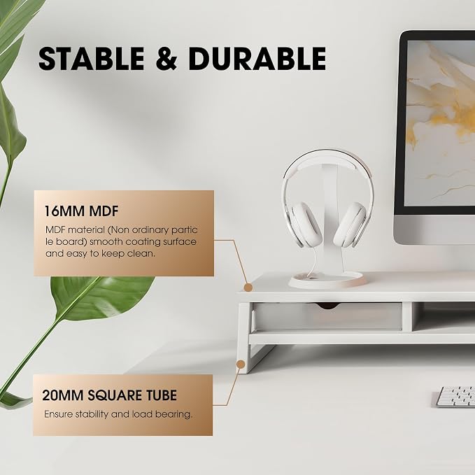 Fenge Dual Monitor Stand Riser, 42.5in Desk Shelf with 2 Drawers, White | 2-Tier Monitor Shelf for Desk, Storage Drawer with Stopper, Frosted, fit Home Office, Ultrawide Screen, PC, Laptop, TV - Image 4