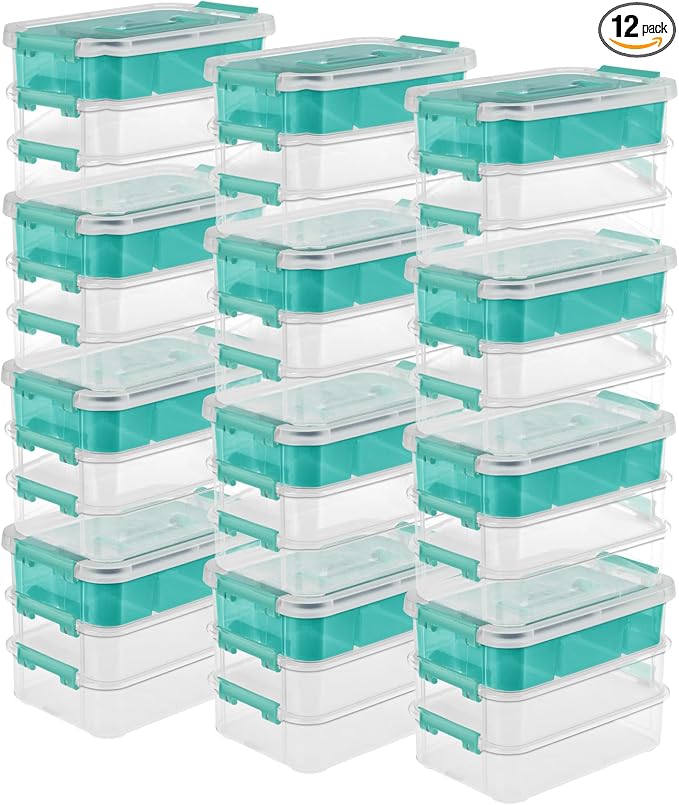 Sterilite 12 Pack Plastic Storage Box Container, 3 Layer, Stack and Carry, Clear/Blue by Sterilite