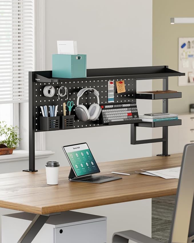 Clamp on Desk Shelf, 44" Desktop Shelving System, Black | with Pegboard and Accessories, Desktop Organizer with 2-Tier Shelf, Desk Pegboard for Office Home Gaming - Image 2