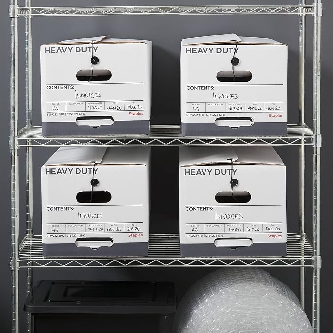 STAPLES Storage & Filing Box, Heavy-Duty with Handles & String-Button Lid, Letter Size Documents, Stackable, 4-Pack, White/Gray | Heavy-duty boxes with handles and string-button lid for document storage. - Image 8