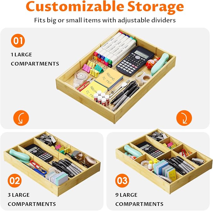 Bamboo Drawer Organizer with 9 Adjustable Compartments, Desk Storage Tray | Natural Bamboo, Flexible Modular Trays, Water-Resistant, Adjustable, Excellent Organization, Easy to Clean, Non-Slip Design - Image 3