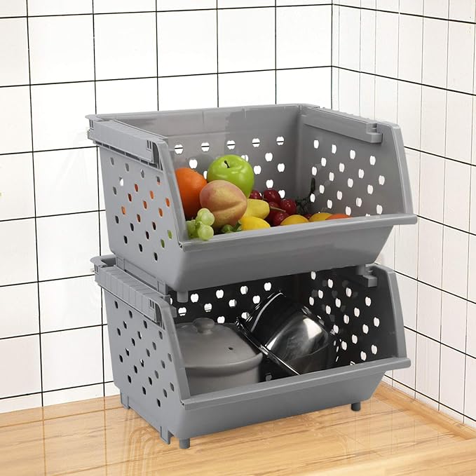 3 Pack Stacking Open Front Storage Bins, Gray Stackable Basket | Plastic Pantry Storage Basket Rack for Vegetable Fruit Snack Toy - Image 6