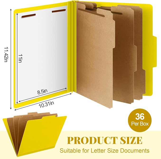 Skyygemm 36 Pcs Classification Folder Letter Size, 3 Divider File,Yellow | Back to School Supplies, Pressboard File with Fastener, Expanding Organizer Bulk for School Teacher, Office Employee, Staff - Image 2
