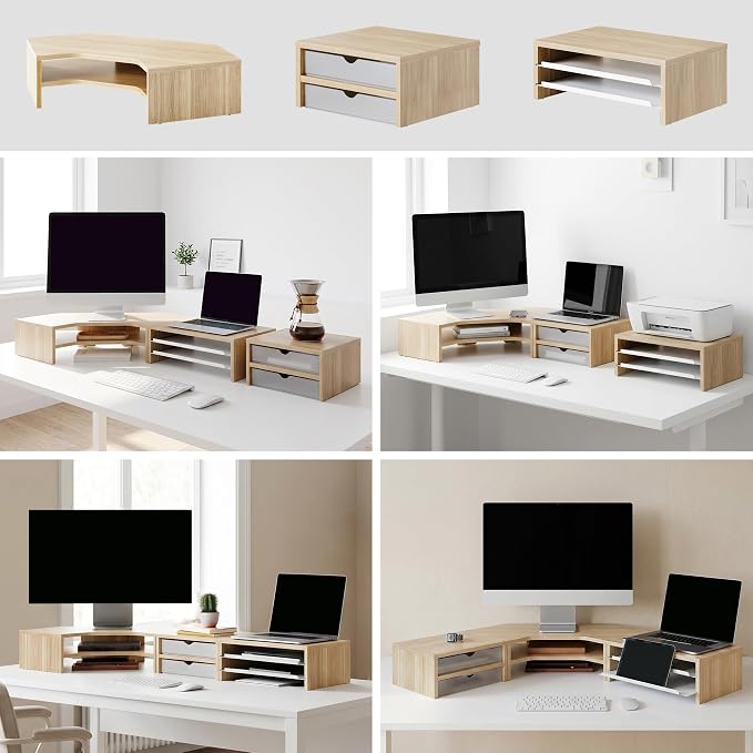 Fenge Dual Monitor Stand, Corner Desk Shelf with Drawer & Slide-Out Tray | Modular Design for Flexible Layouts, 2-Tier Storage Desktop Organizer for Computer, Laptop, Printer and Telephone - Image 4