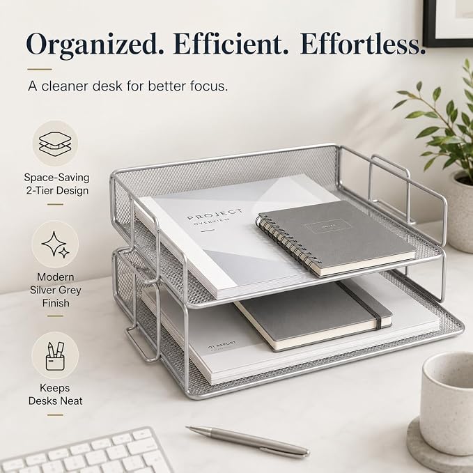 EXERZ Letter Trays 2pcs Stackable Paper Sorter/Desk File Tray/Desk Organizer - Metal Rack - Office, School, Home(Silver Grey Colour) | Two Tier Metal Mesh Stackable Saves Desk Space Holds A4 Papers Folders Notebooks Magazines For Office Home School - Image 7