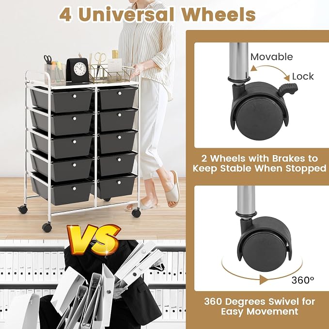 Moccha Rolling Storage Cart with 10 Drawers - Under Desk Storage Drawers with wheels for Craft Art Supply Paper Salon, Storage Drawers Organizer for Classroom Office Movable Utility Cart - Image 6