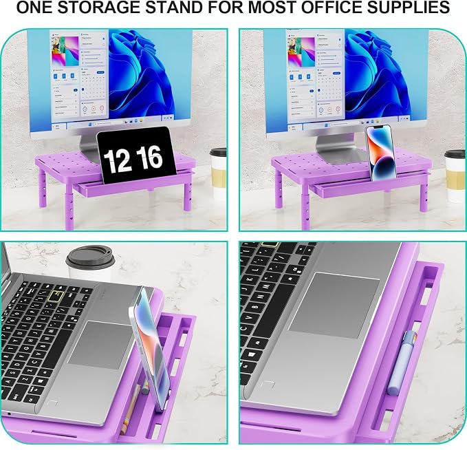 WALI Computer Monitor Stand with Storage, Monitor Riser 3 Height Adjustable | Laptop Riser with Airflow Vents, Desk Organizer for Computer, Printer, Notebook (PTT002-V), 1 Pack, Violet - Image 3