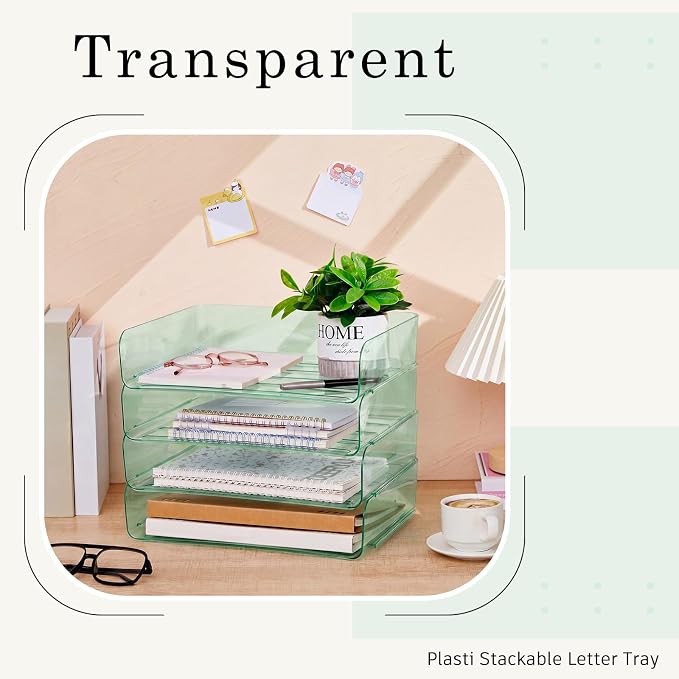 Harloon 4 Tier Clear Sage Green Acrylic Paper Organizer Letter Tray, Aesthetic Stackable Desk File Organizer Paper Holder Office Tray for A4, Modern Office Classroom Home File Pad Books Notes - Image 5