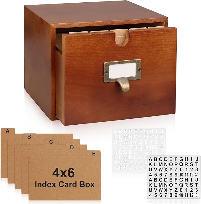 4x6 Index Card Holder Wooden Index Card Storage Box with Drawers Brown Vintage Card Catalog Box Recipe Notecard Box 5 Index Cards Dividers 2 Letter Smile Stickers for School Office by DLUGOPIS