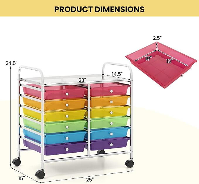 Giantex 12 Drawers Rolling Cart, Mobile Storage Drawer Cart, Classroom Organizer Cart for Office School Supplies Tools Scrapbook Paper Craft Small Printer, Utility Cart on Wheels, Rainbow - Image 3
