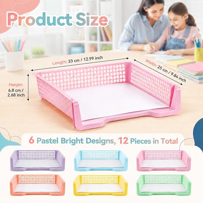 Set of 12 Pastel Turn in Trays for Teachers Stackable Classroom Paper Letter Trays Plastic Classroom Desk Letter Organizer Tray Storage Baskets for Library, Drawers, Office, Home - Image 2