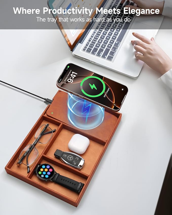 Valet Tray, Built in Wireless Charging Pad, Nightstand Organizer, Two-Toned Premium Vegan Leather Desk Bedside Caddy Organizer Tray for Keys, Watch, Wallet,Jewelry (Brown Patchwork) - Image 2