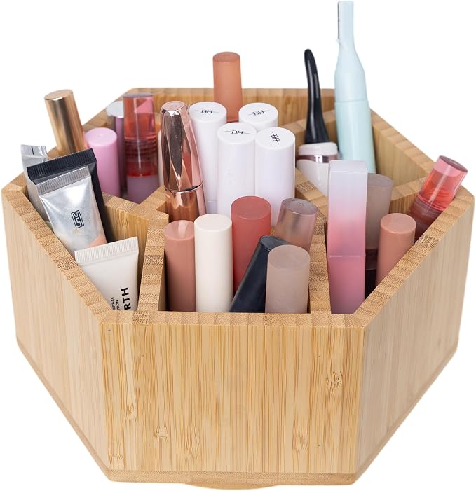 360° Rotating Bamboo Desk Organizer, Hexagonal | 360° Rotating, Art Supply Holder & Office Storage Caddy, For Colored Pencils, Crayons, Paintbrushes - Image 8