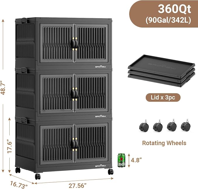 BROVIEW 360Qt Stackable Storage Bins with 3 Lids, Extra Large Closet Organizer Collapsible Drawer Boxes with Wheels, Folding Plastic Cabinet Containers for Home Kitchen Room Organization, 3Pack Black - Image 2