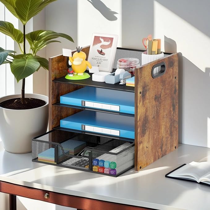 Desk Organizer - 4 Tier Desktop File Organizer with Drawer, Wooden Paper Tray Organizer, Office Desk Accessories Organizer for Papers, Mail, Notebooks, Stationery - Image 2