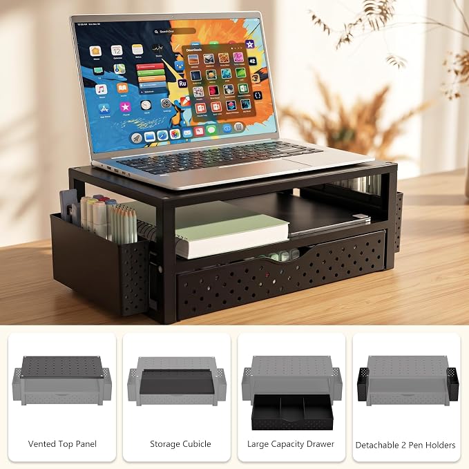 WALI Monitor Stand Riser with Drawer and 2 Pen Holders, Desk Organizers and Accessories for Computer, Printer, Laptop Stand for Home Office Supplies, (PTT004-B), 1 Pack, Black - Image 7