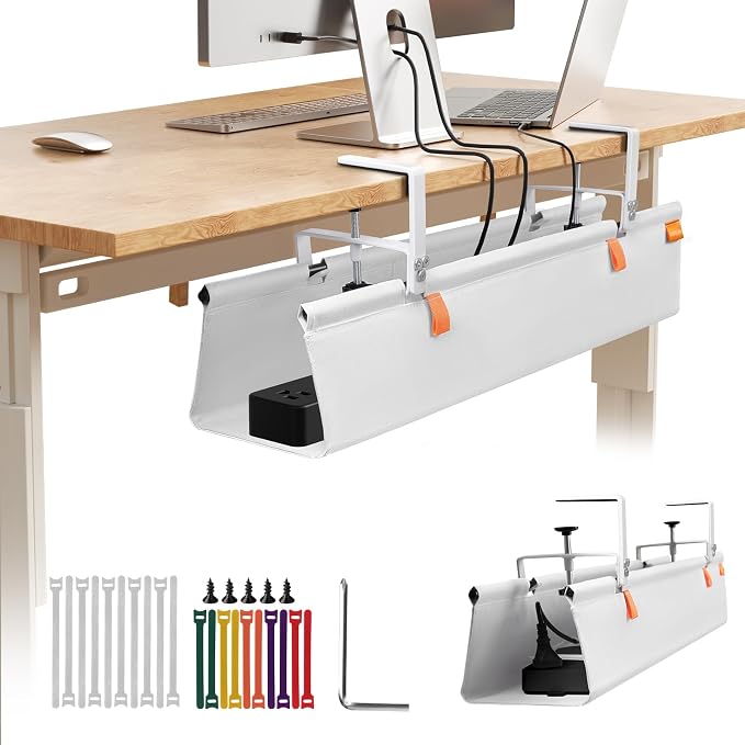 Under Desk Cable Management Tray No Drill, 28Inch Cable Management,White | Clamp and Screw Mount Cable Management Tray, Extra Large Capacity Desk Cable Management, Fabric Wire Management for Office by SUREUP9