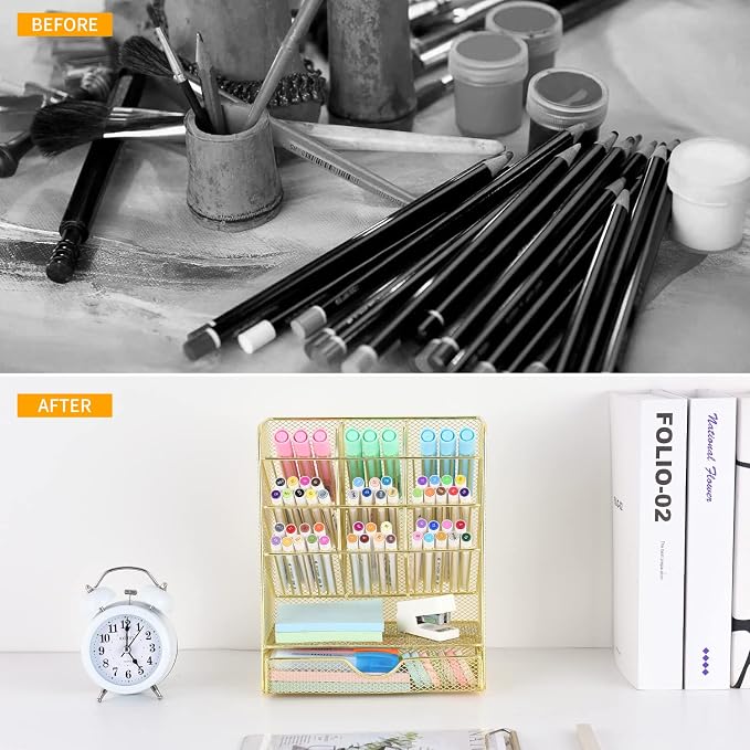 Spacrea Mesh Pen Organizer - Pencil Holder for Desk, Desk Organizer with Drawer for School, Home, Art Supplies (Gold) - Image 2