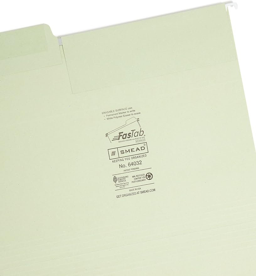 Smead Erasable FasTab Hanging File Folder, 1/3-Cut Built-in Tab, Letter Size, Moss, 20 per Box (64032) - Image 5