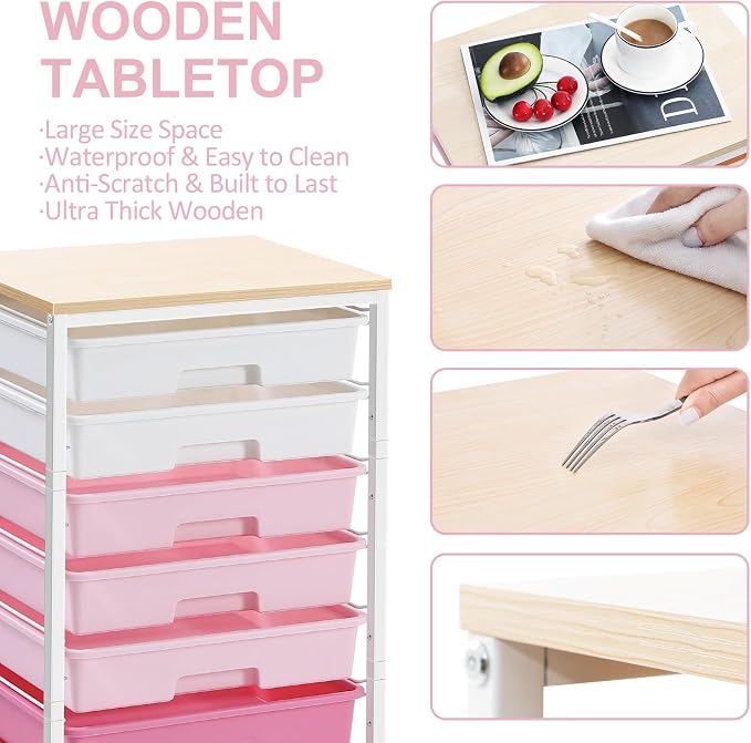 SYKIARIOL Rolling Cart with Drawers,Utility Cart with 8 Drawers,Rose Pink | Craft Organizers and Storage Cart with Wooden Tabletop for Living Room,Classroom, Bedroom,Dorm,Home Office - Image 4