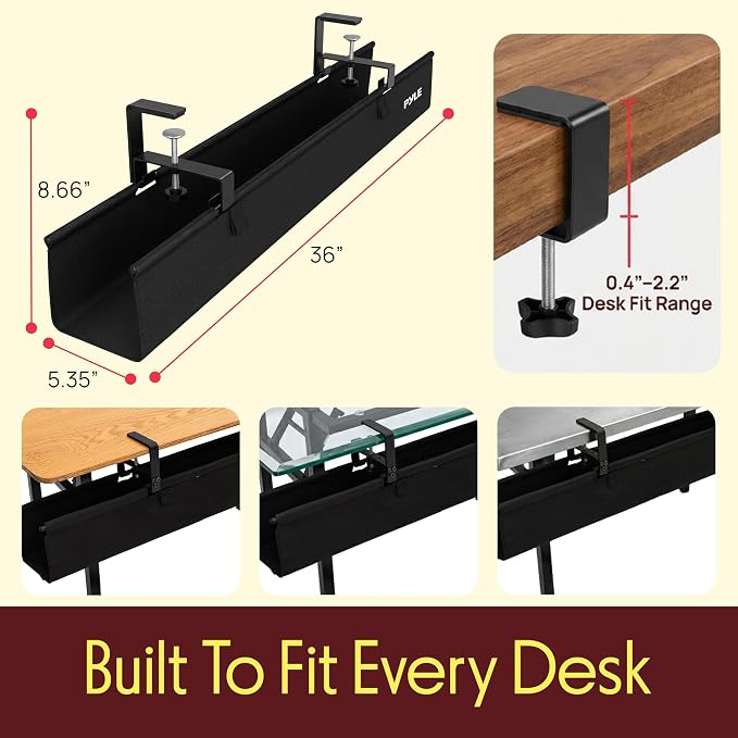 Pyle 36" Under Desk Cable Management Tray, Under Desk Wire Organizer with Clamp or Screw Mount, Desk Cable Organizer with Fabric Design for Large Workstations, Built-in Ties, 20 lb Capacity, Black - Image 6