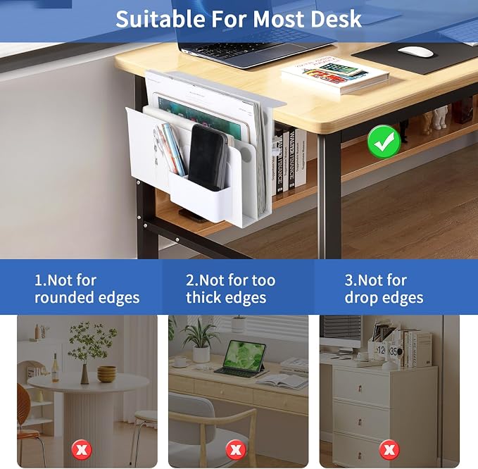 LUKETURE Desk Side Storage, 2 Tier Under Desk Laptop Mount with Pen Slot | Sturdy Steel Double Tier Strong, Magnetic Pen Holder, No Drill Clamp for Standing Desk Organizer, Fits 0.3-2.8" (White) - Image 7
