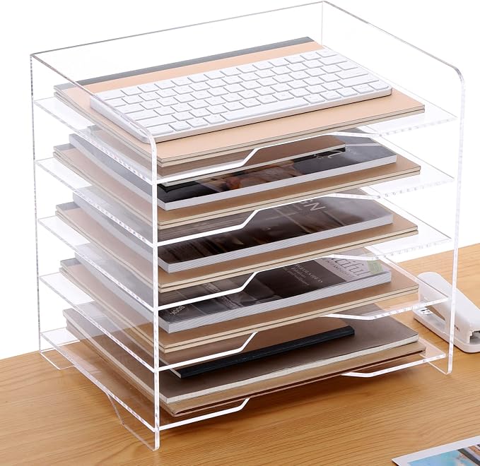 SANRUI Acrylic Paper Organizer Letter Tray for Desk, 5 Tier Enlarged File Sorter,Clear File Holder Desktop Shelf Document Storage for School Office Home by SANRUI